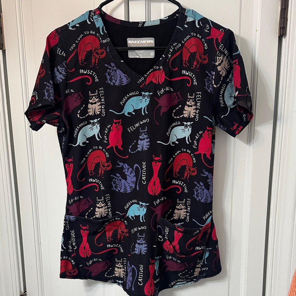 Colorful Cat Print Sketchers Scrub Top